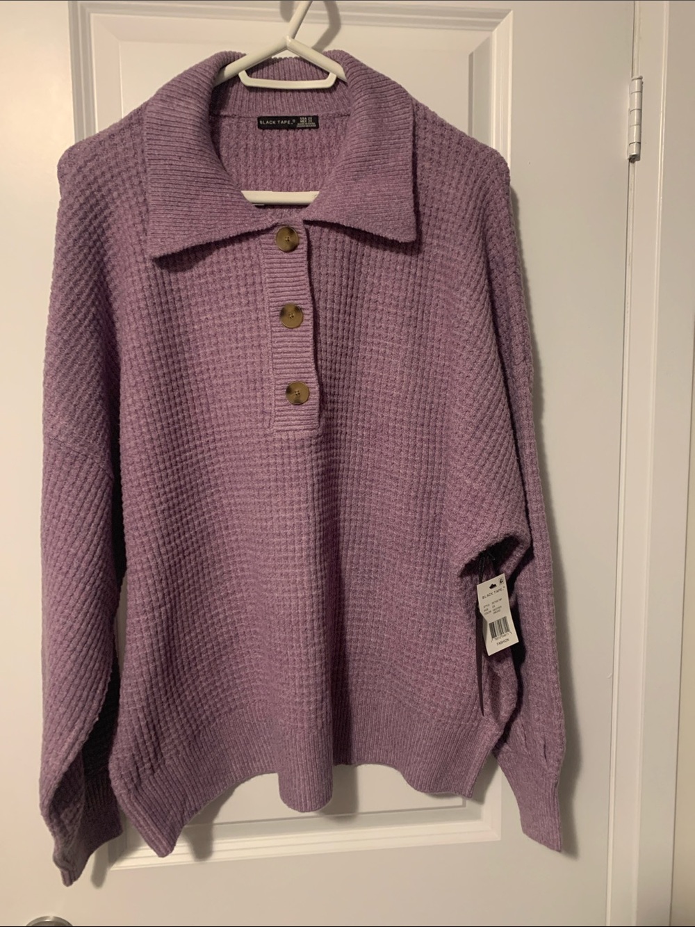 Black Tape Lavender Waffle-Knit Button Polo Sweater